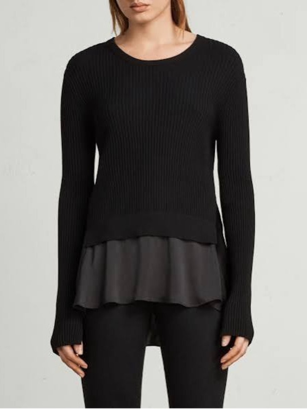 All Saints Taya Satin Hem Ribbed Open Back Layered Look Sweater Black Medium